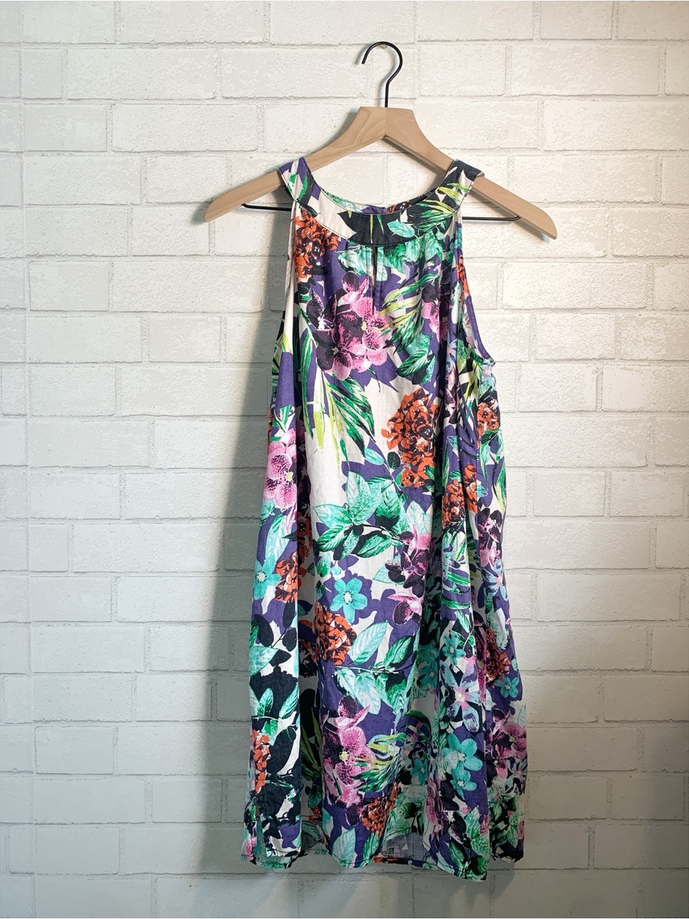 C&C California 100% Linen High Neck Tropical Floral Print Sleeveless Mini Dress